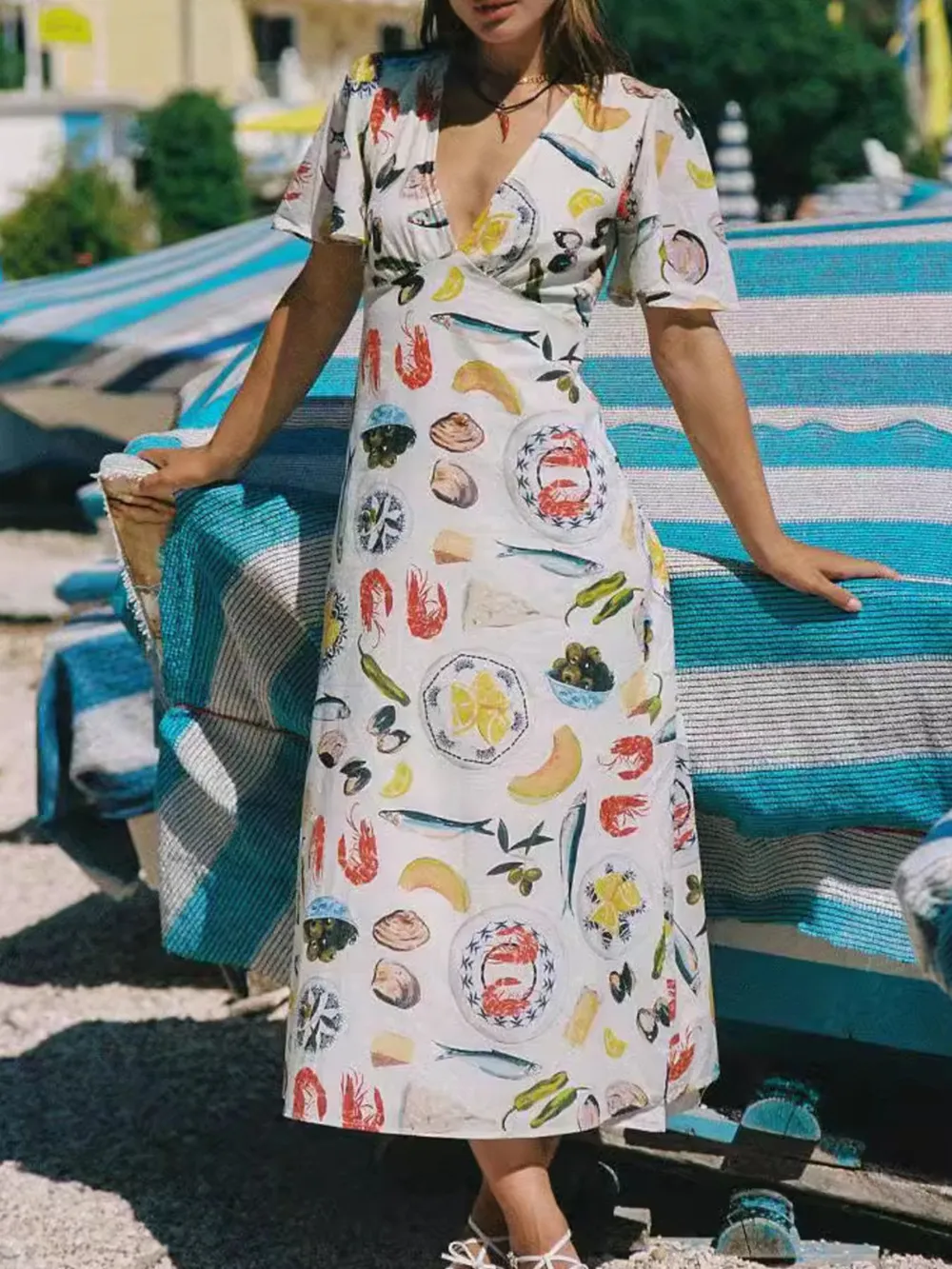 Printed V-Neck Short Sleeve Dress, image 2