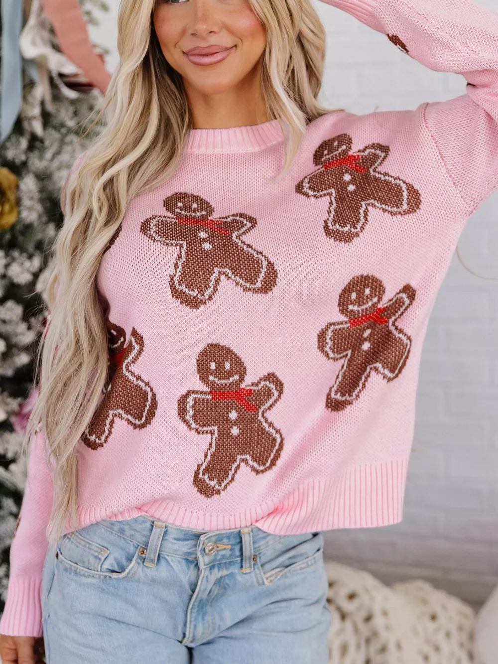 Gingerbread Pattern Round Neck Long Sleeve Shift Sweater, image 2