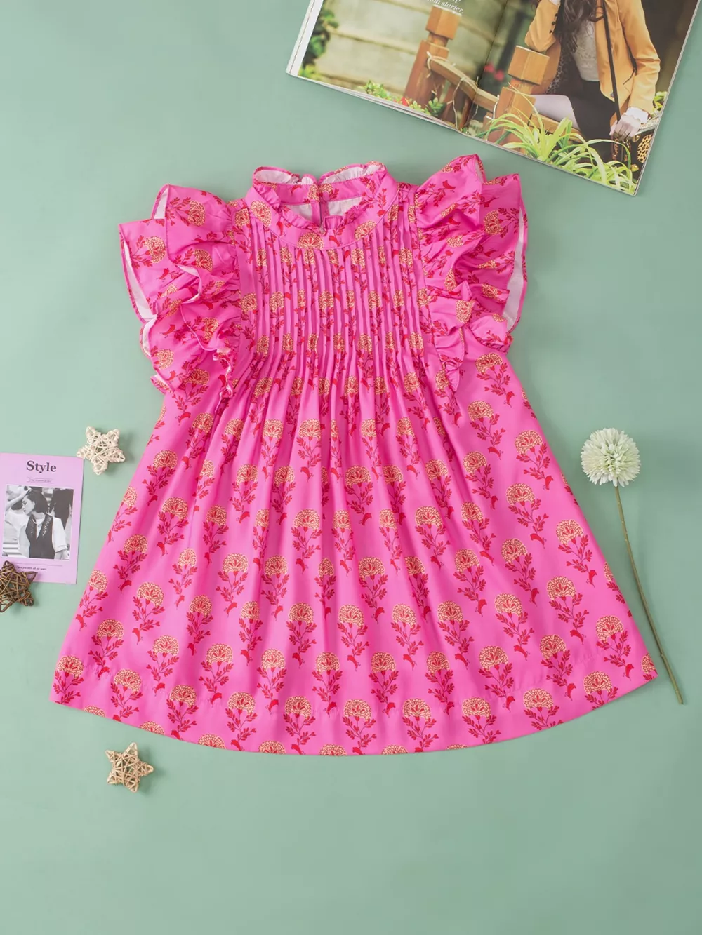 Floral Print Pleated Ruffled Flutter Sleeve Blouse, image 6