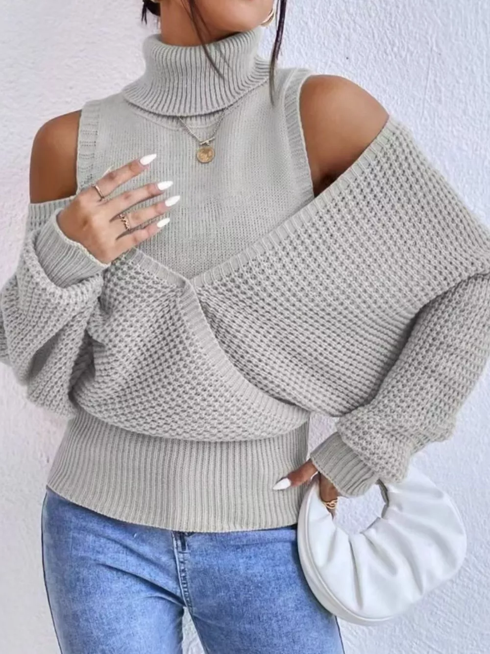 Waffle Knit Cold Shoulder Turtleneck Sweater, image 9