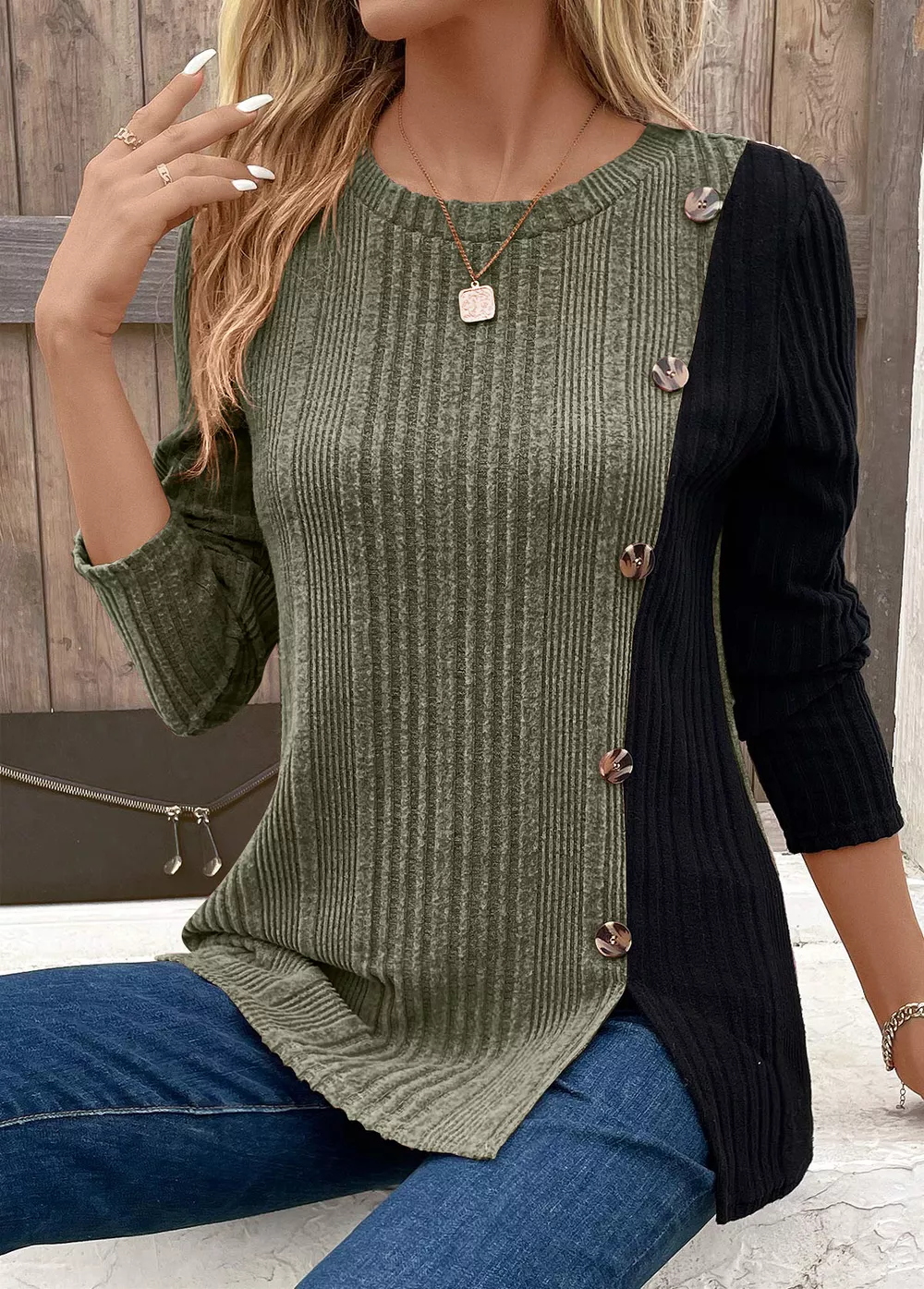 Color Block Ribbed Knit Decor Button T-Shirt, image 9