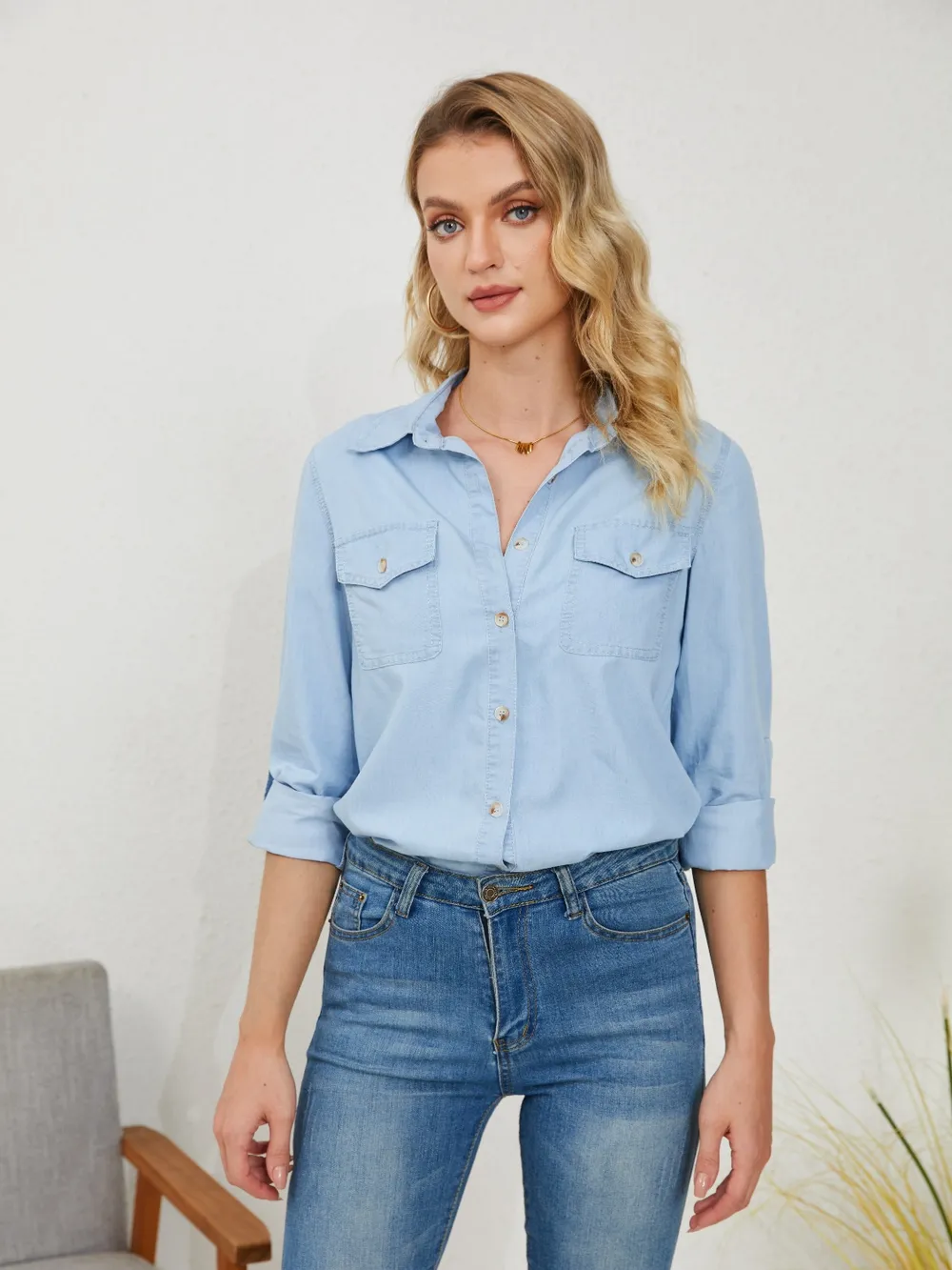 Pocketed Button Up Long Sleeve Denim Shirt, image 4