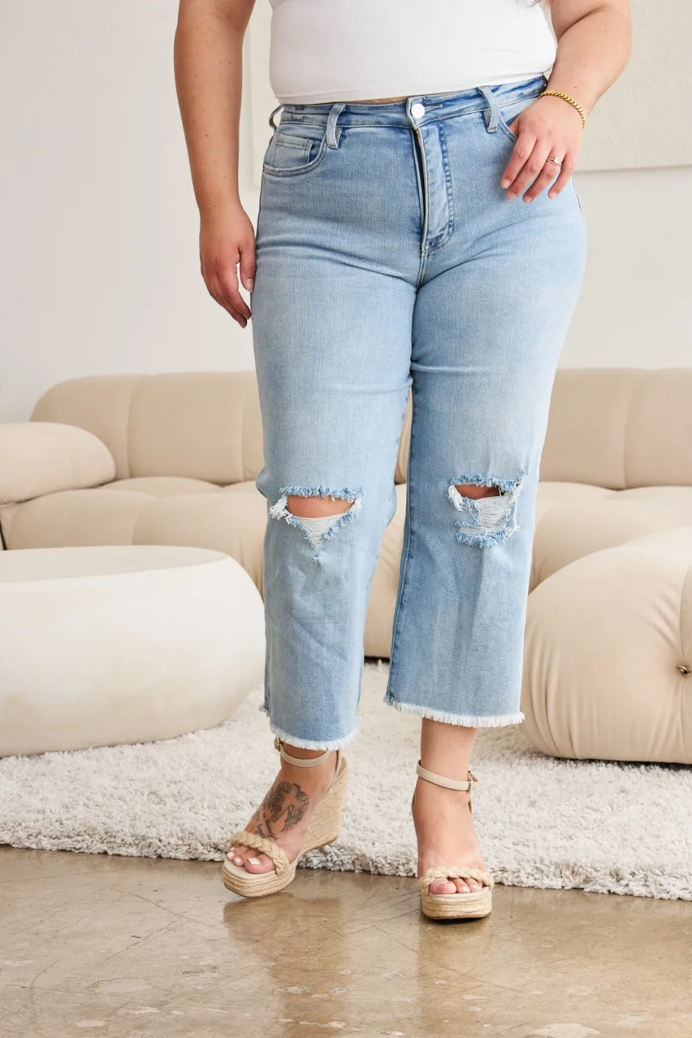 Full Size Tummy Control High Waist Raw Hem Distressed Jeans, image 9