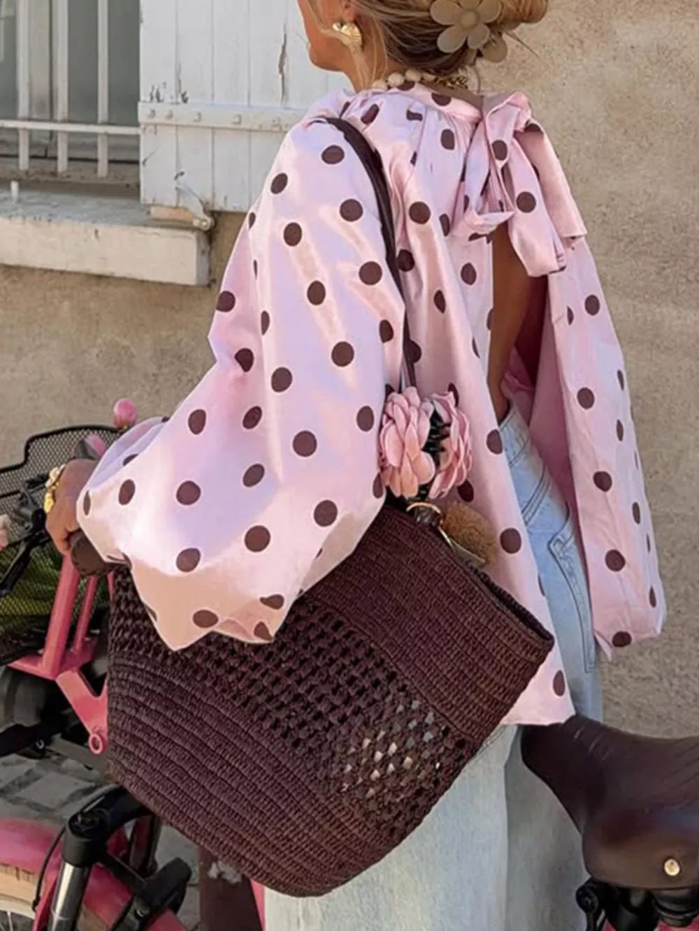 Polka Dot Open-Back Tied Blouse, image 5