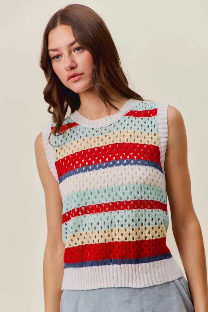 Tie Back Multi Stripe Sweater Knit Tank Top, image 11