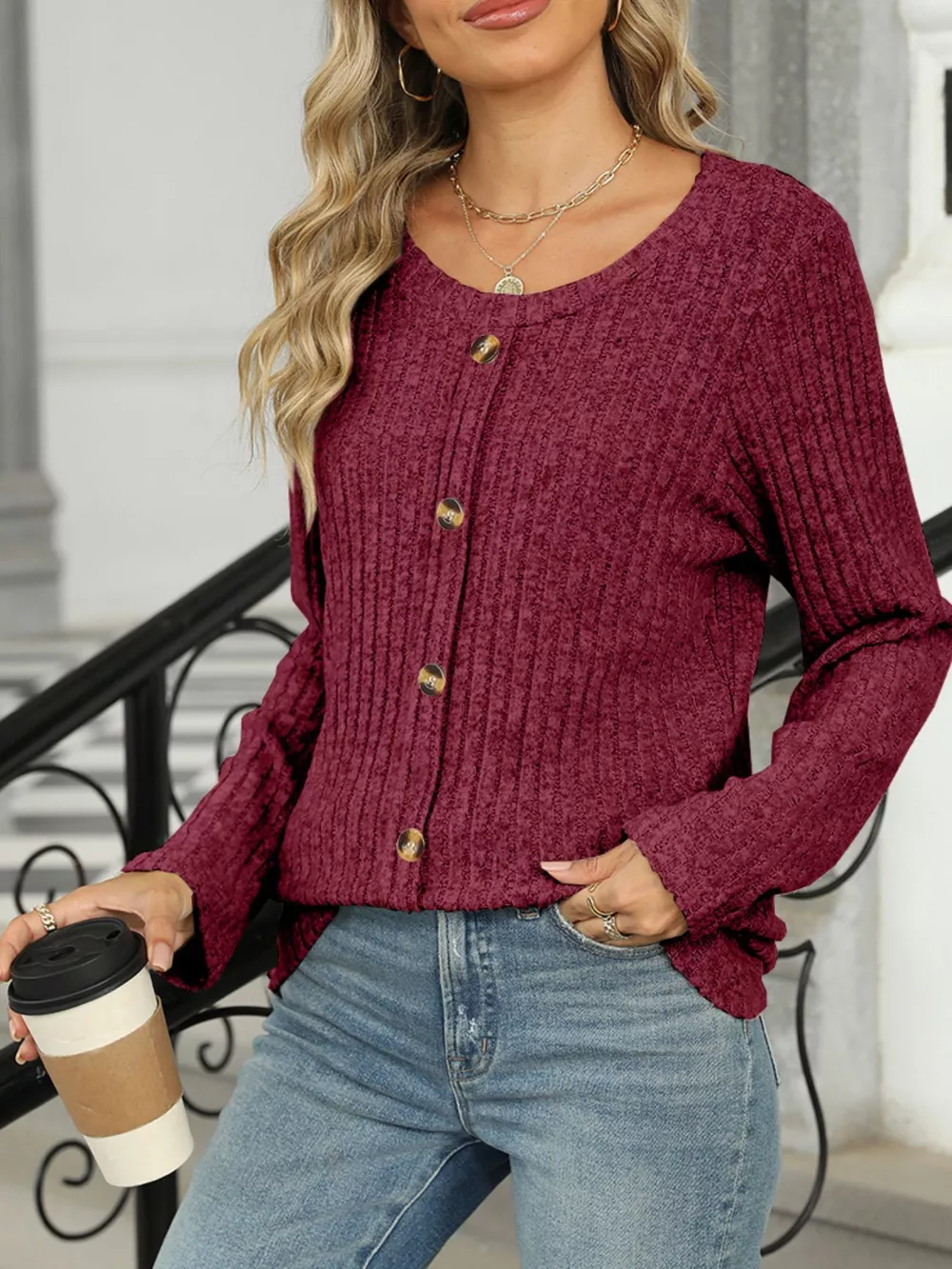 Ribbed Round Neck Long Sleeve Top, image 24