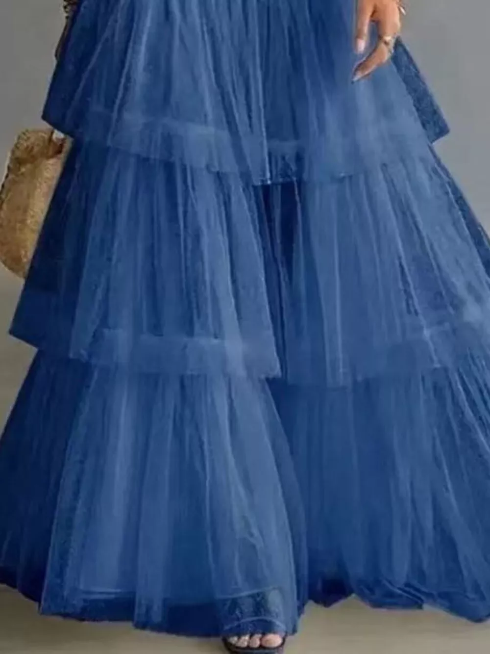 High-Waisted Button-Front Denim and Tulle Maxi Skirt, image 6