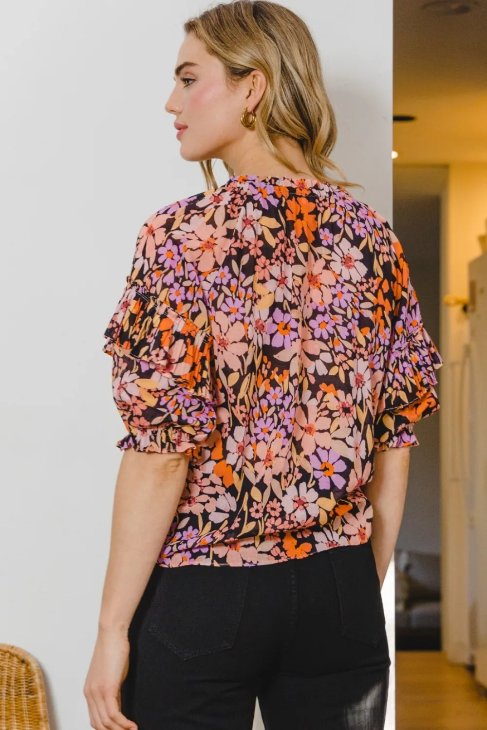 Full Size Floral Tie Neck Ruffled Blouse, image 2