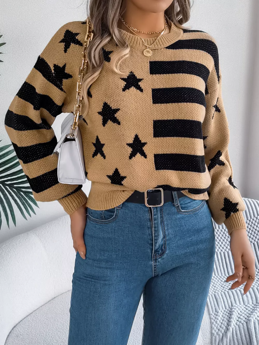 Stars and Stripes Pattern Casual Round Neck Sweater, image 9