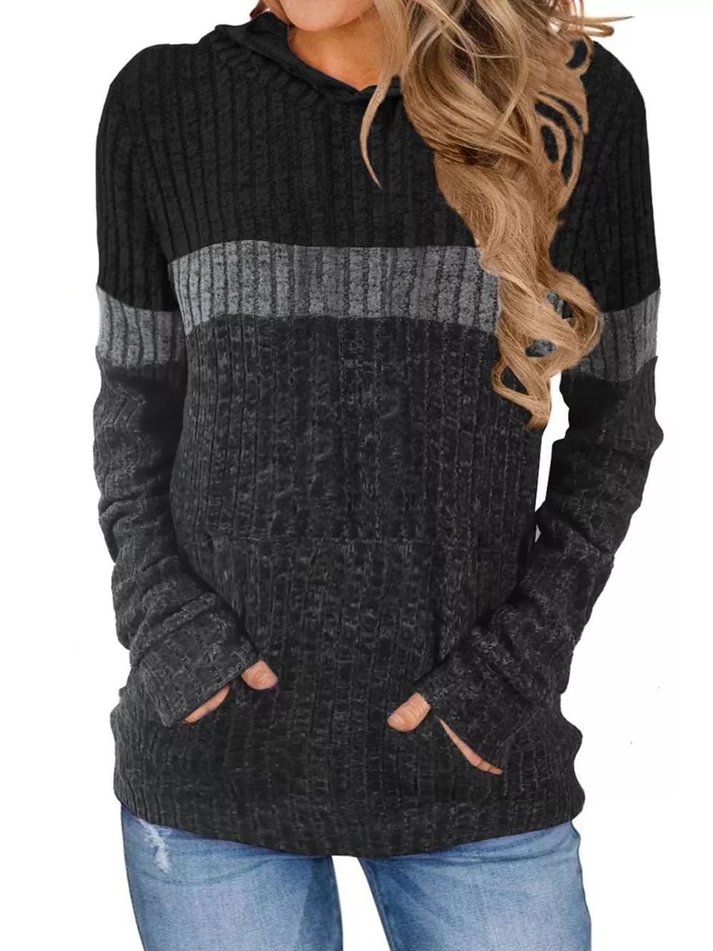 Full Size Color Block Ribbed Knit Hoodie Plus Size, image 2