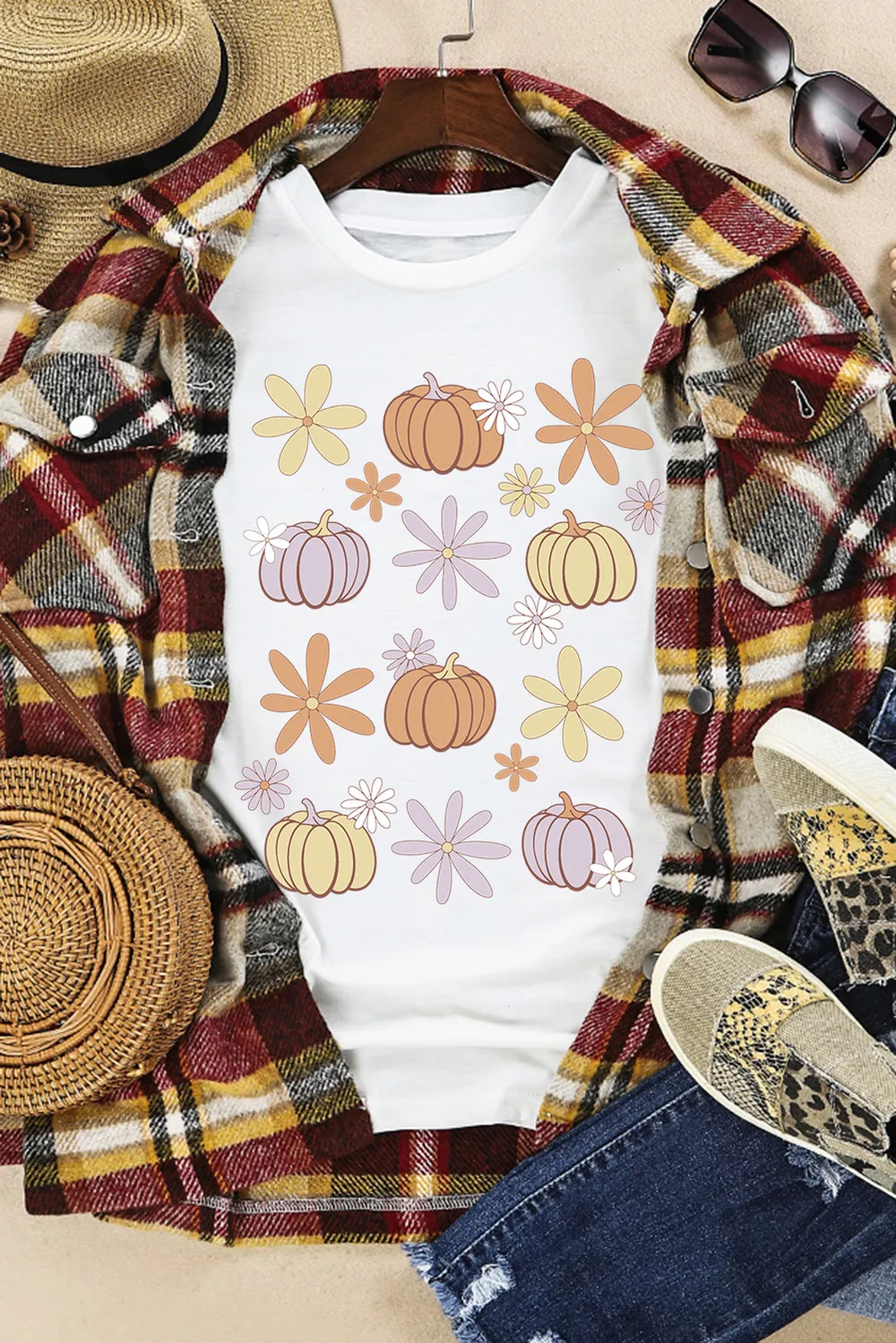 Pumpkin & Flower Round Neck Short Sleeve T-Shirt, image 2