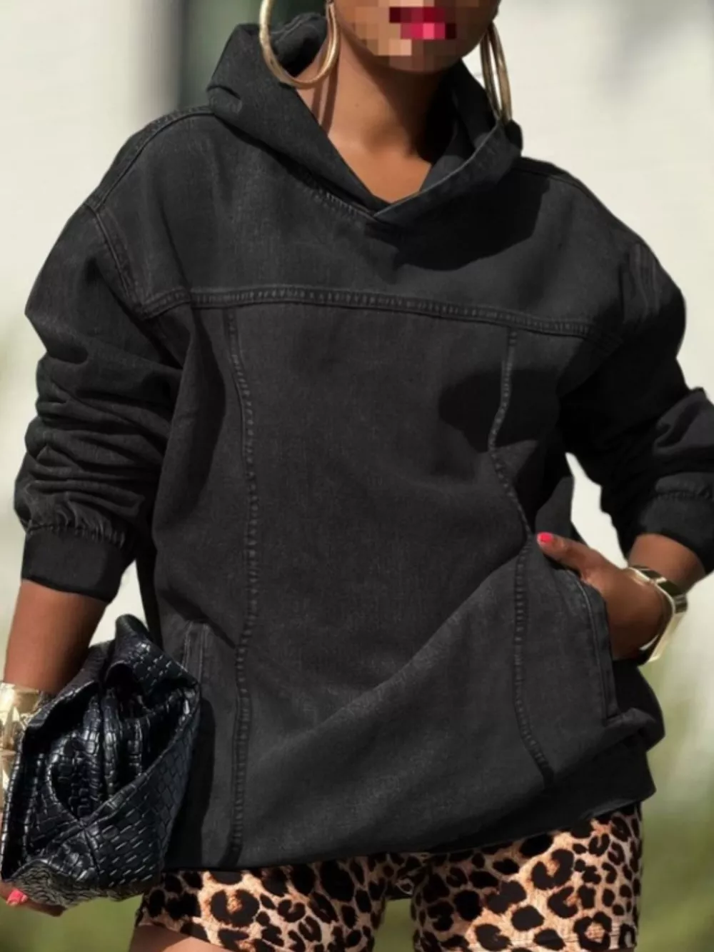 Oversized Washed Denim Hoodie with Front Pocket, image 5