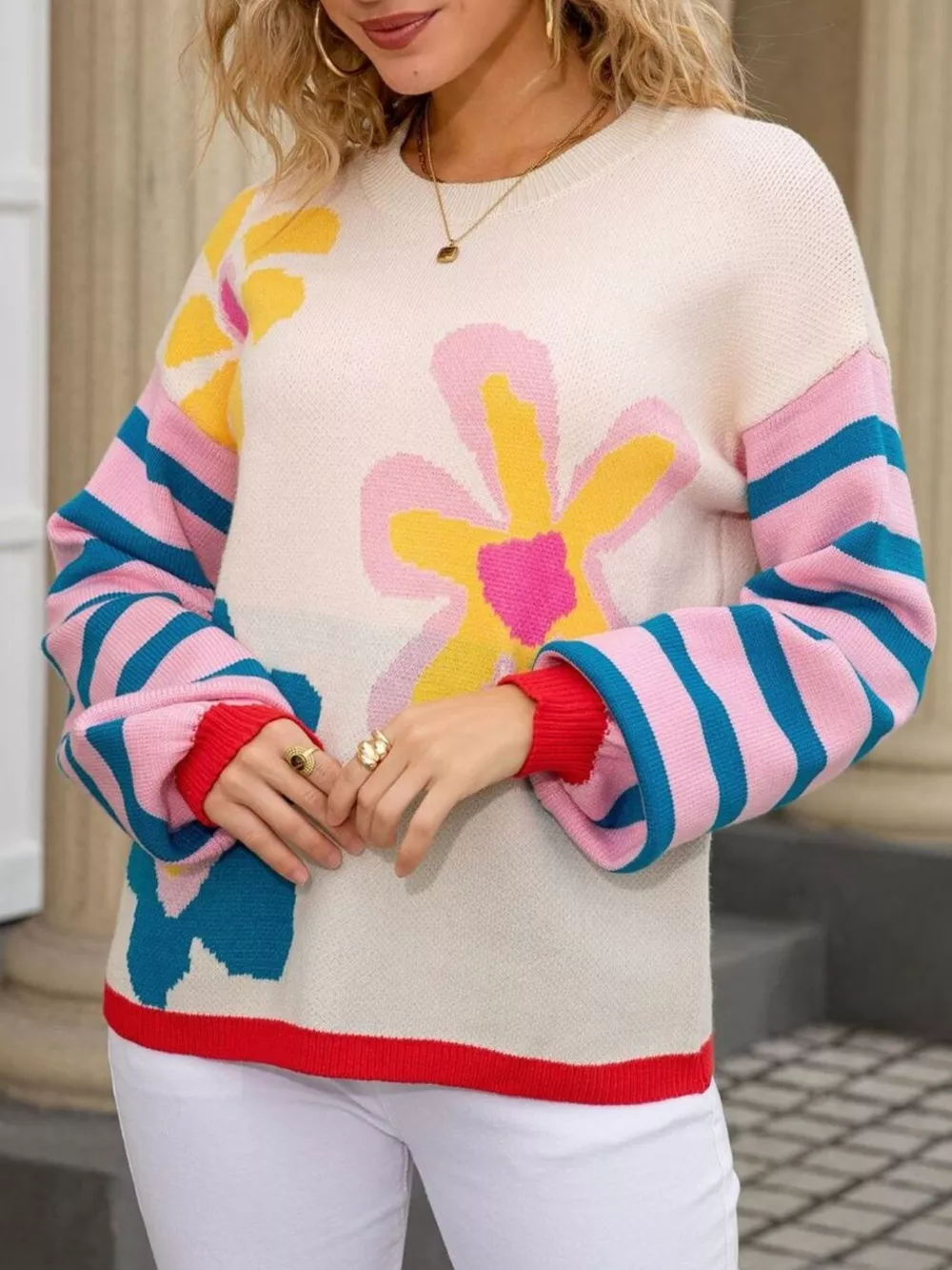 Floral Striped Crew Neck Sweater, image 8