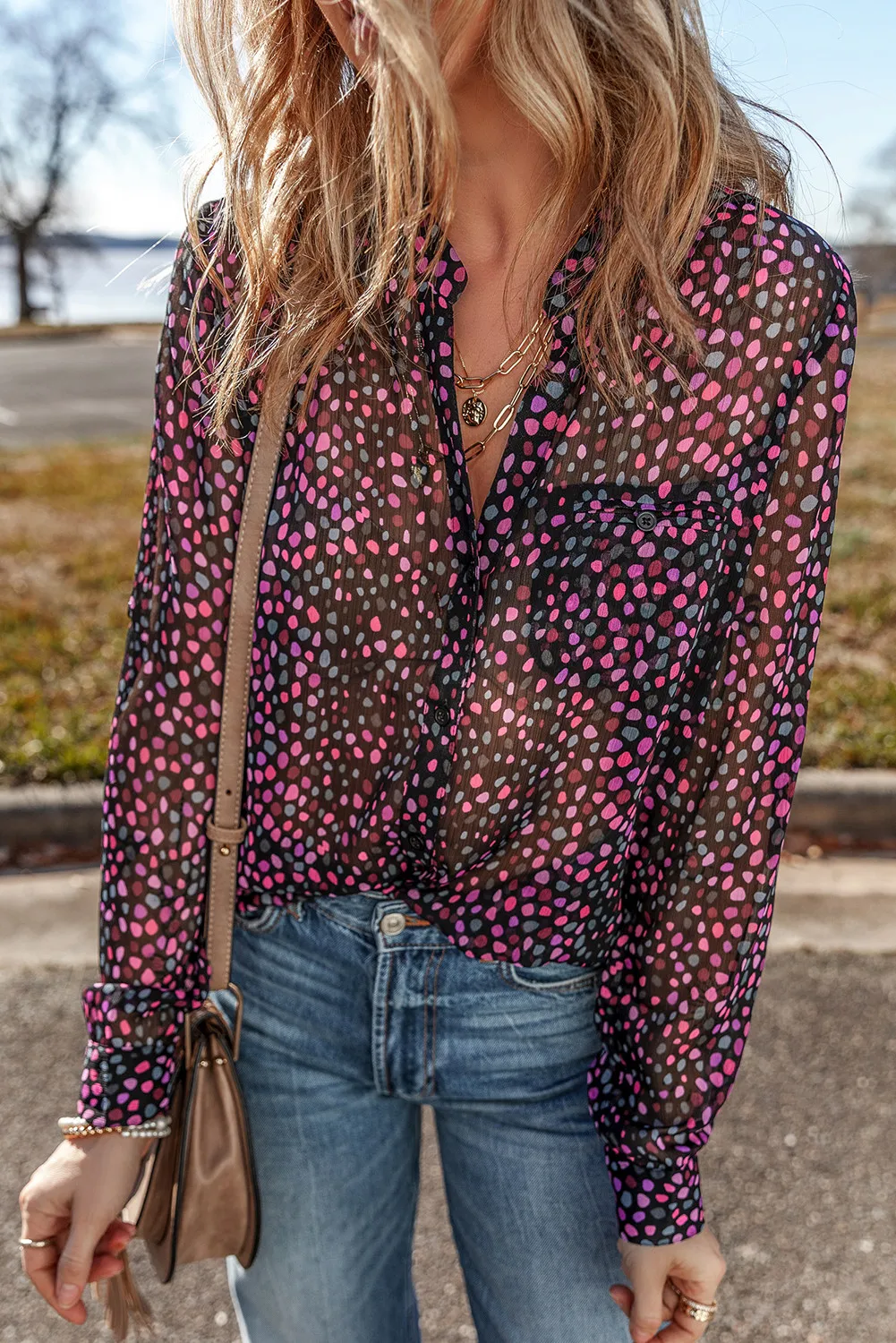 Printed Notched Long Sleeve Blouse, image 2