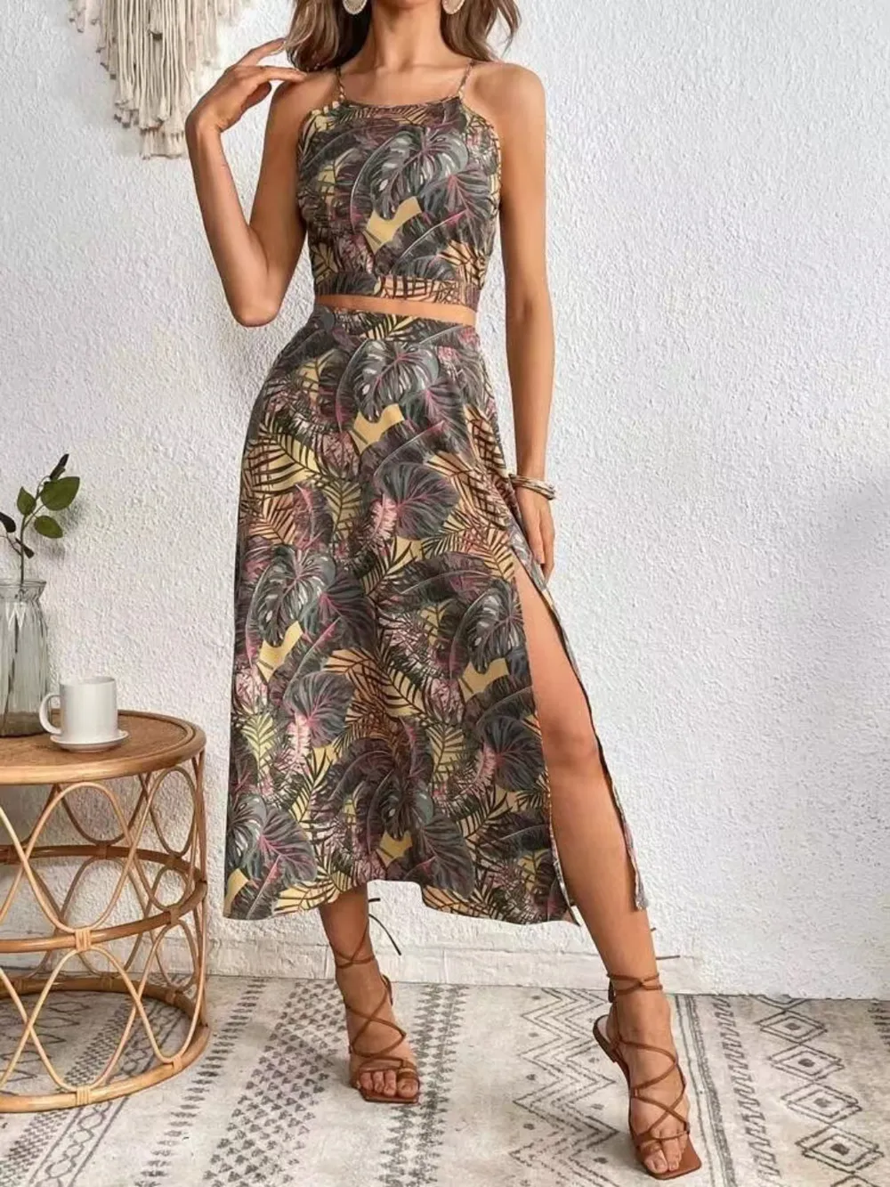 Printed Cami and Slit Skirt Set, image 6