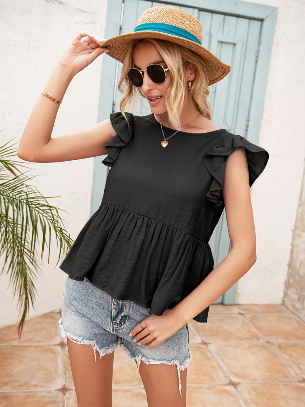 Lace Detail Round Neck Peplum T-Shirt, image 7