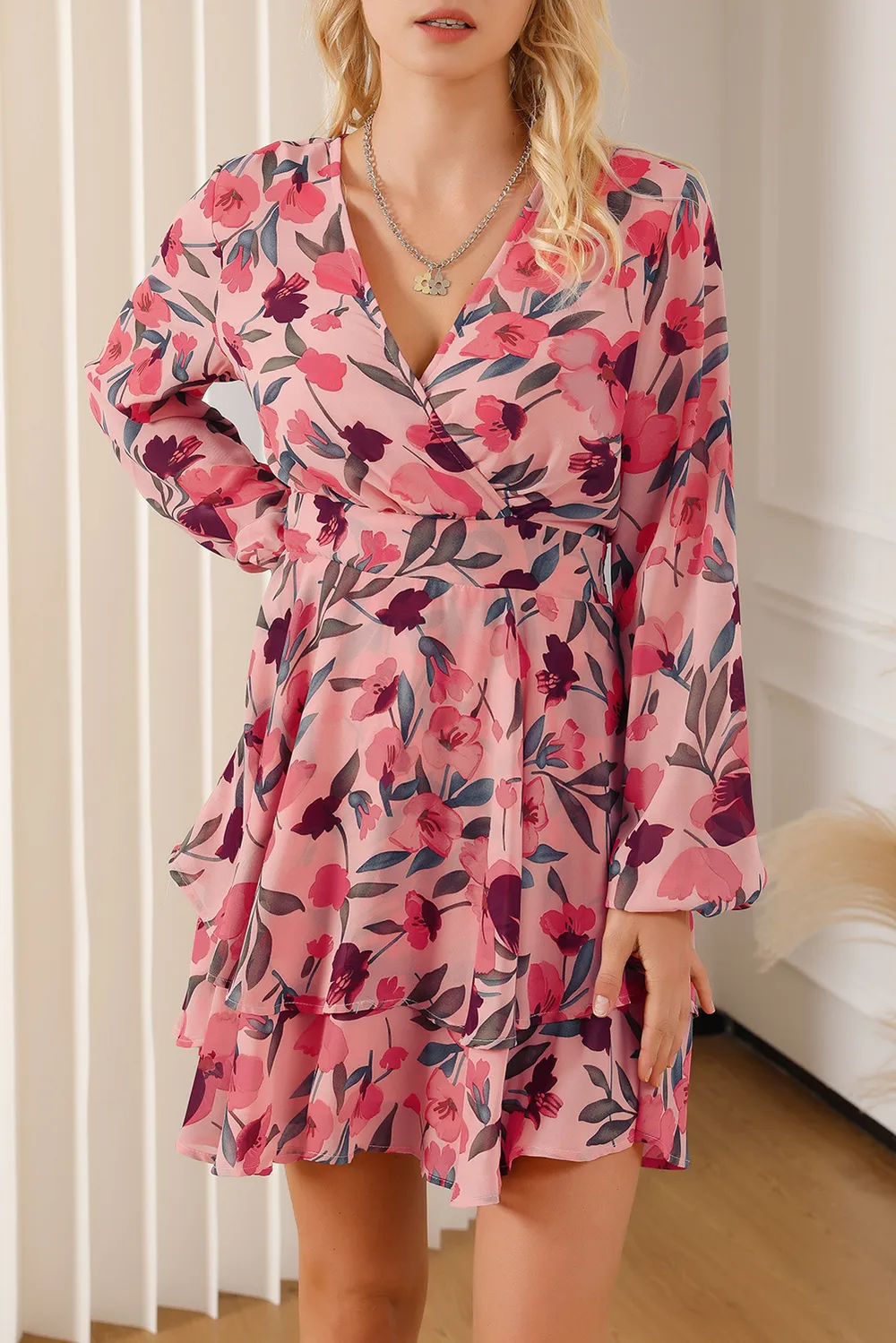 Printed Surplice Balloon Sleeve Mini Dress, image 5
