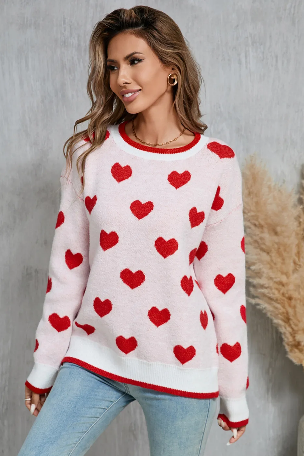 Contrast Trim Heart Round Neck Sweater, image 7