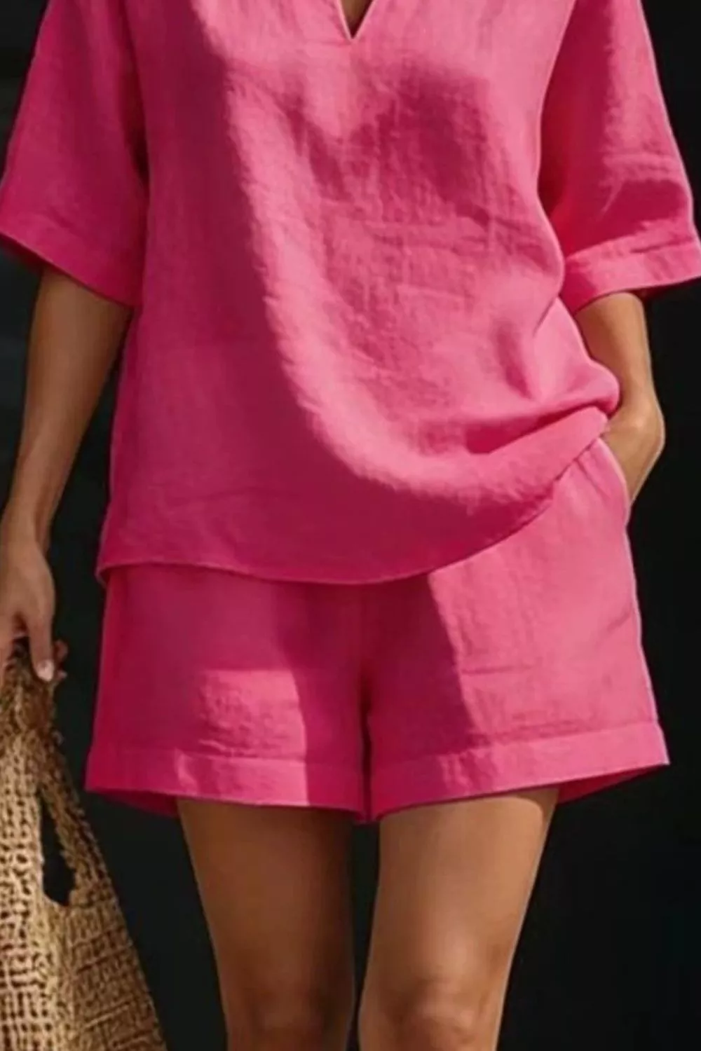 Notched Half Sleeve Top and Shorts Set, image 4