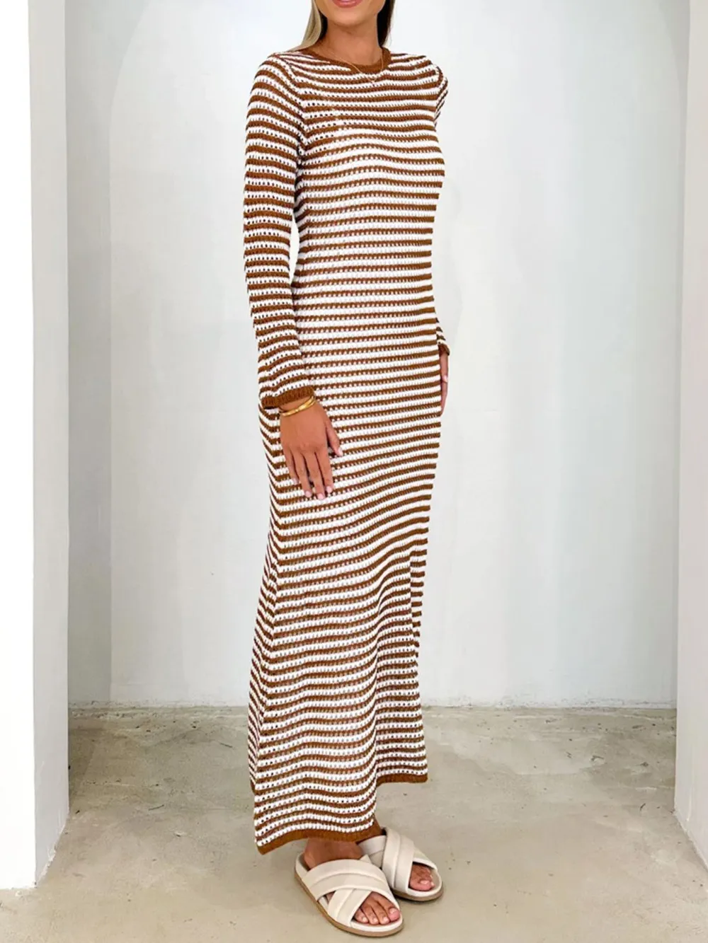 Tied Round Neck Striped Sweater Dress, image 7