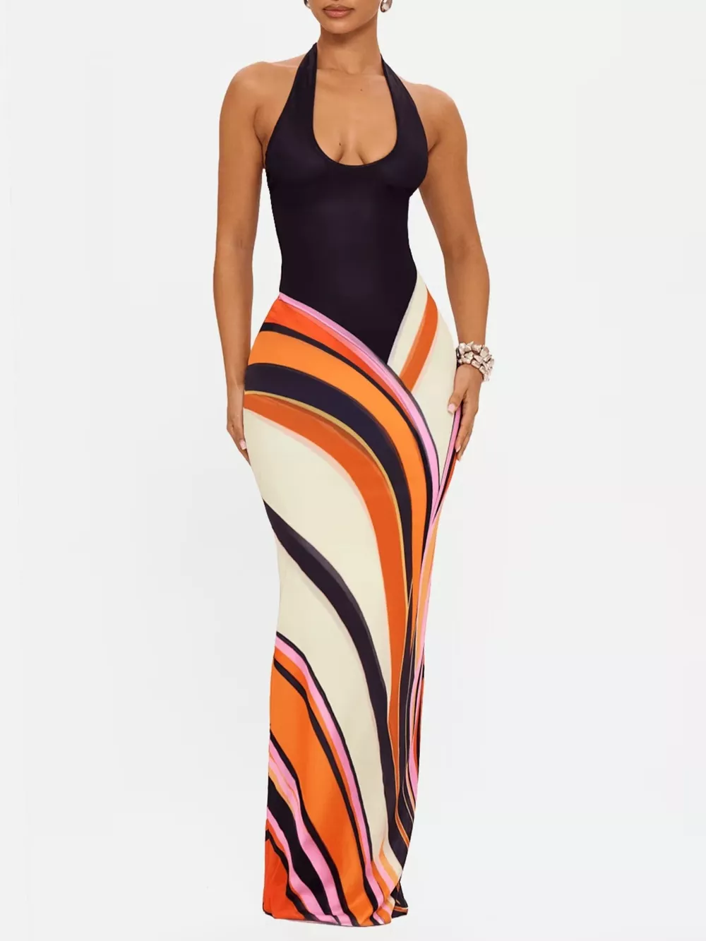 Halter Neck Maxi Dress with Abstract Print