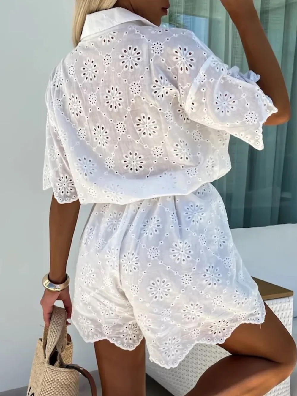 Eyelet Lace Button-Up Romper, image 5