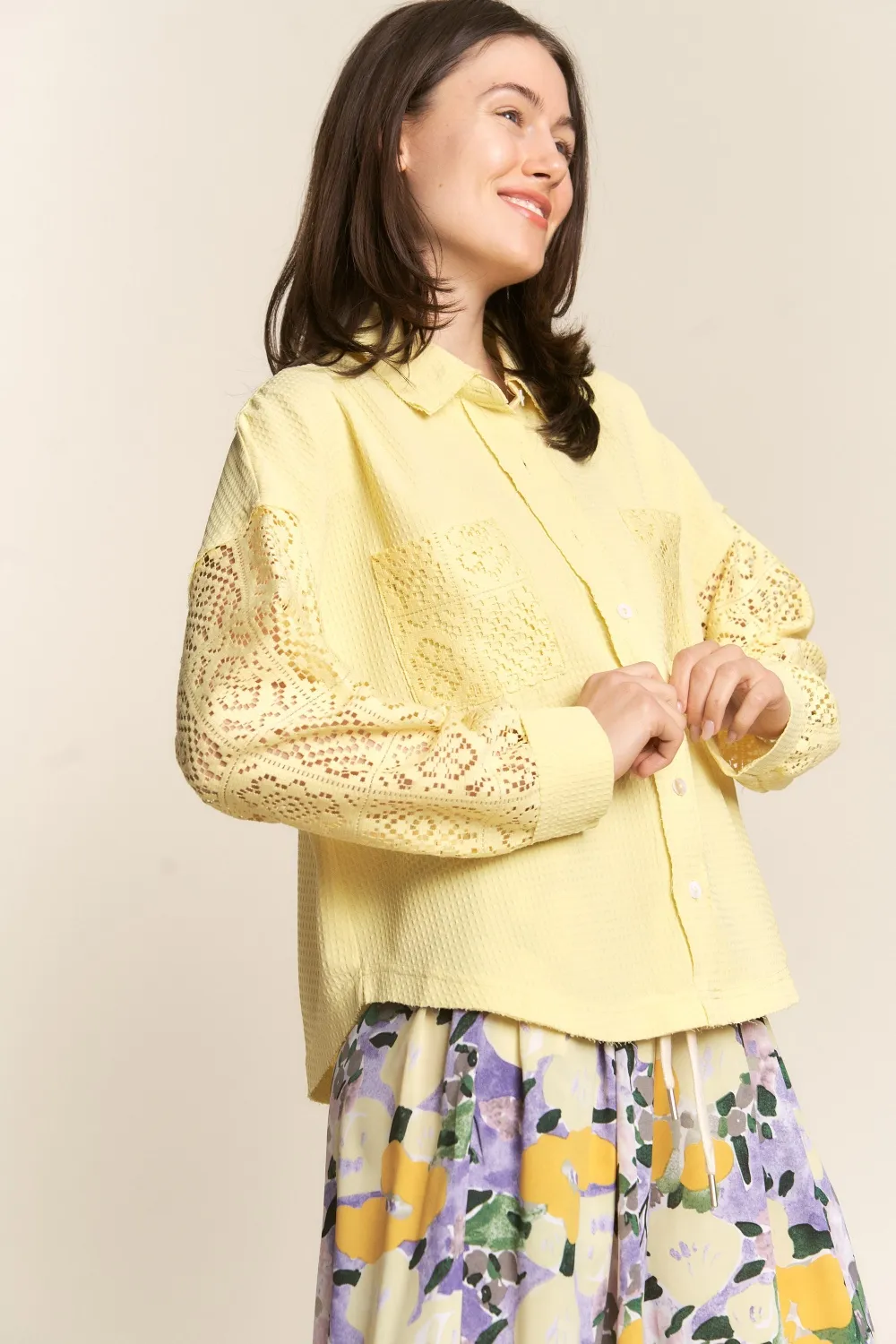 Button Down Lace Long Sleeve Waffle Shirt, image 3