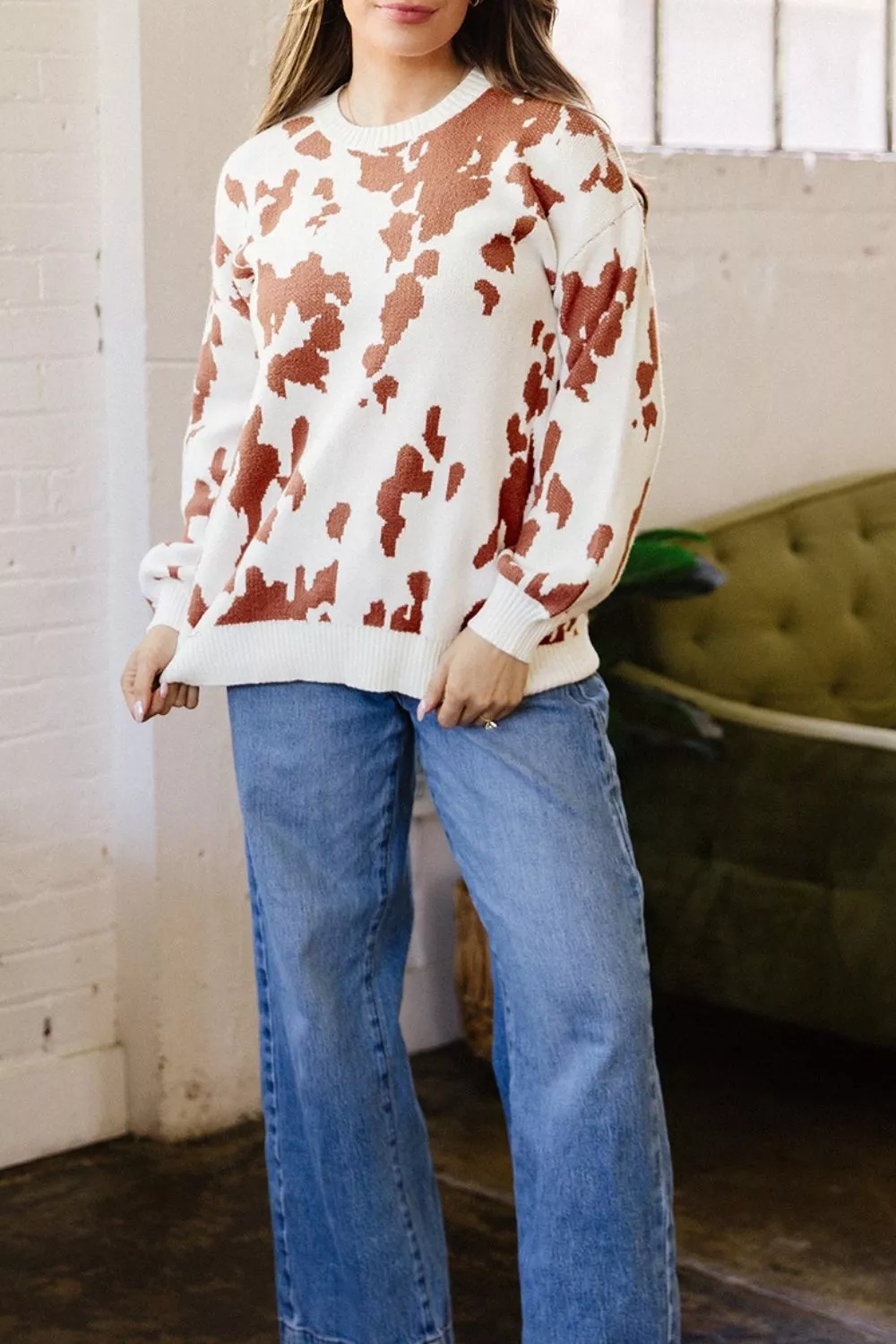 Abstract Print Drop Shoulder Long Sleeve Round Neck Sweater, image 3