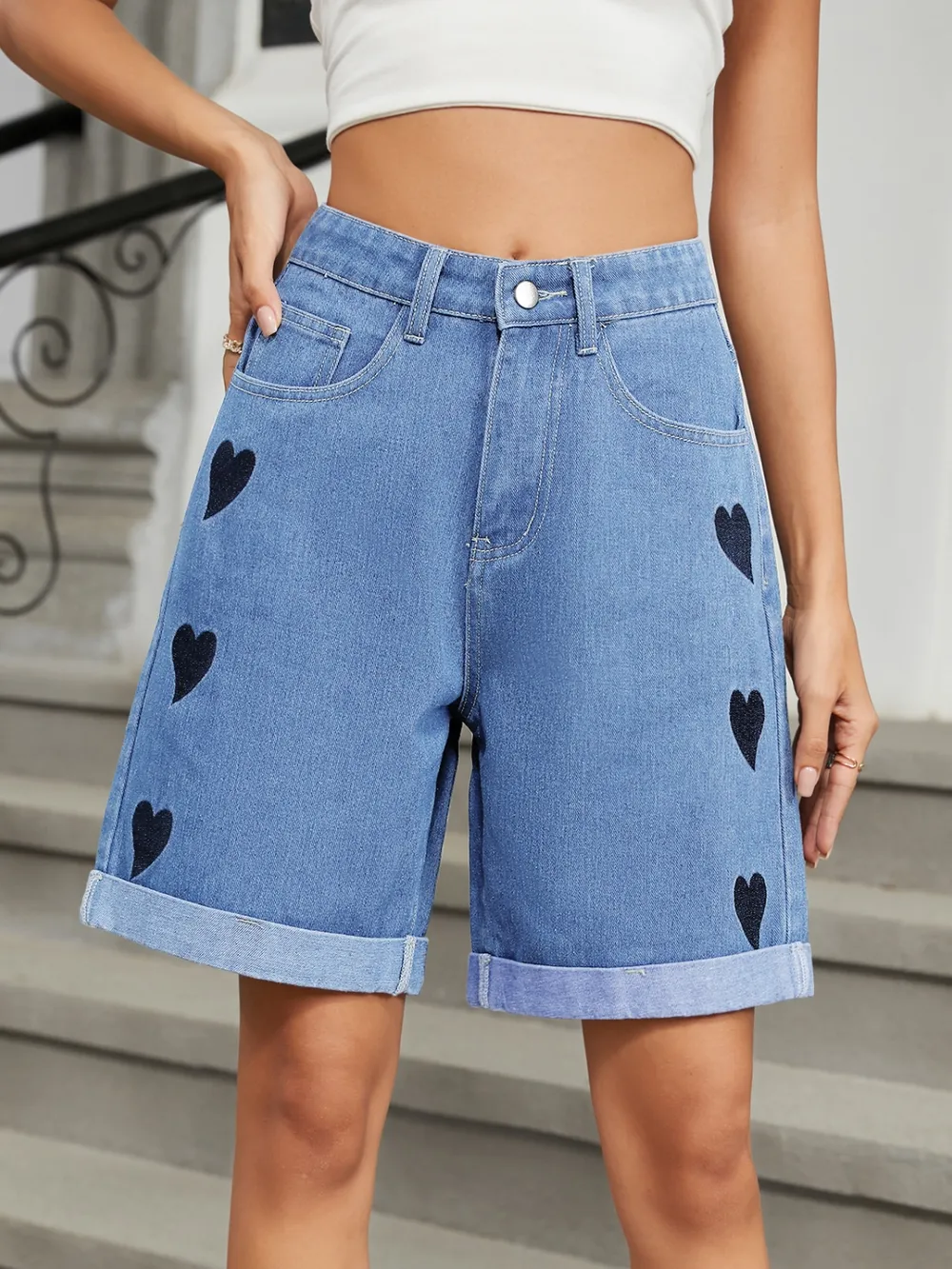 Heart-Pattern Rolled Hem Denim Shorts, image 5