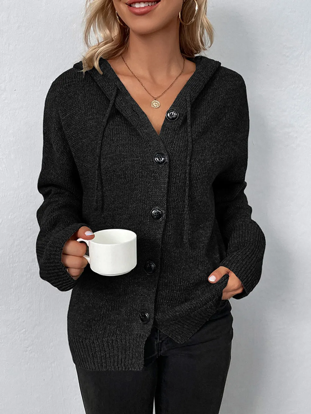 Drawstring Button Up Hooded Cardigan, image 4