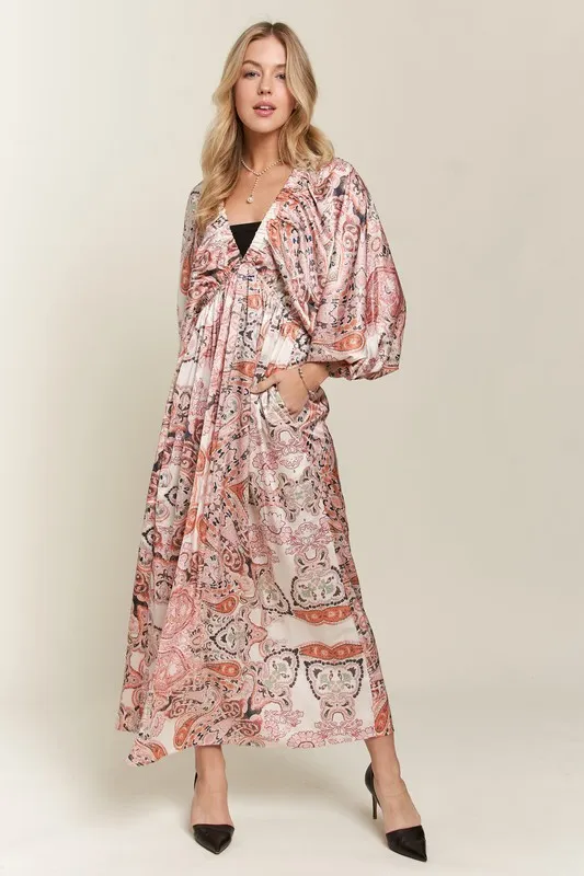 Printed V-Neck Batwing Sleeve Dress, image 3