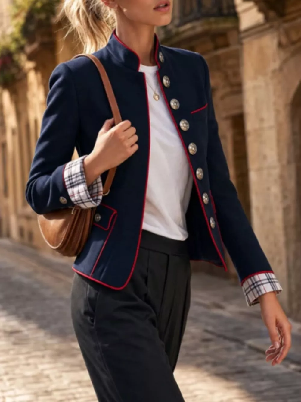 Military-Inspired Stand Collar Jacket with Red Piping, image 4
