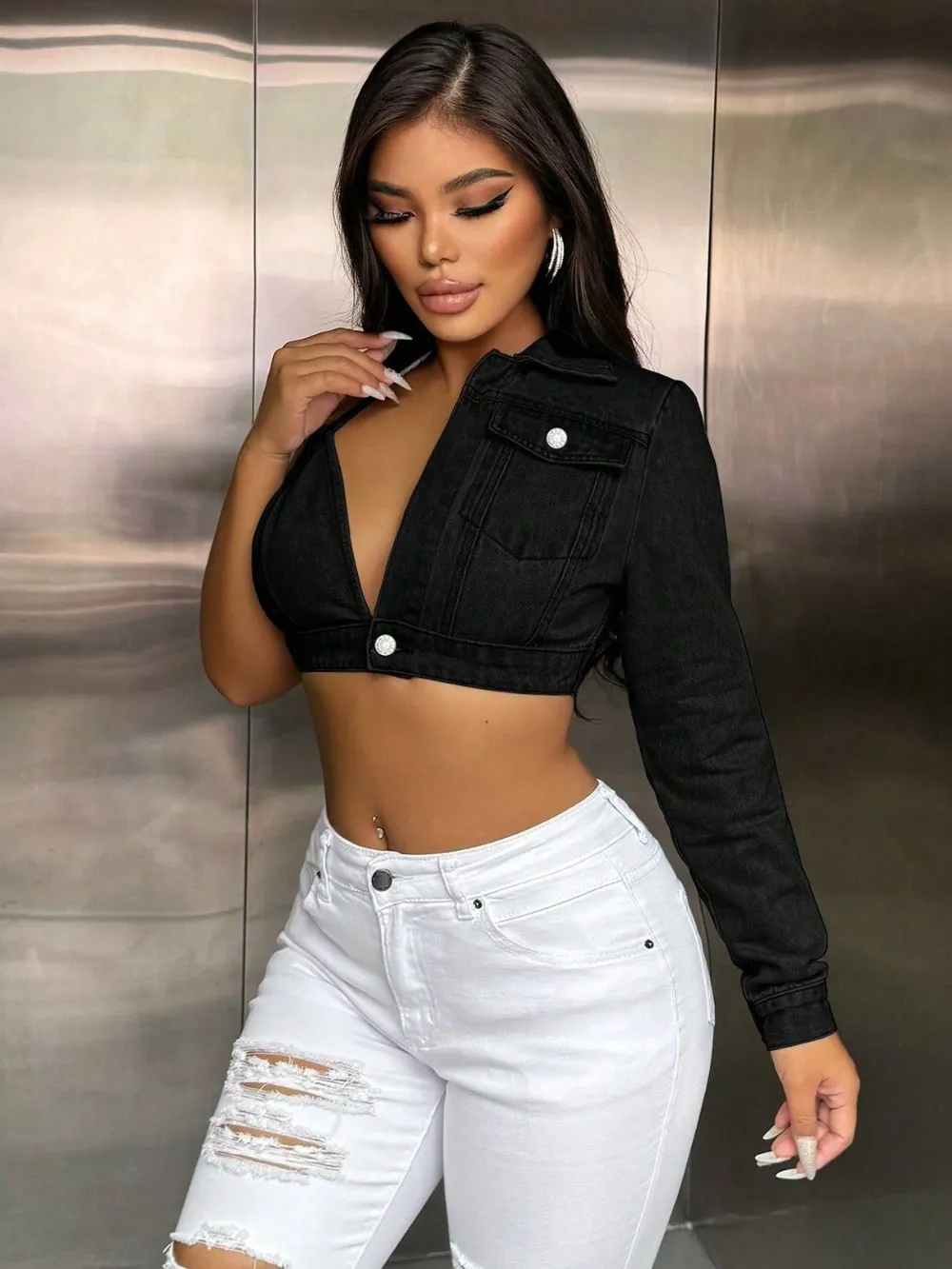 One Shoulder Long Sleeve Cropped Denim Top, image 7