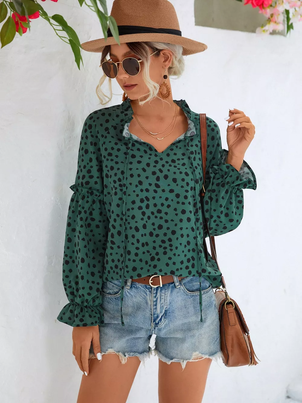 Animal Print Tie Neck Flounce Sleeve Blouse, image 6