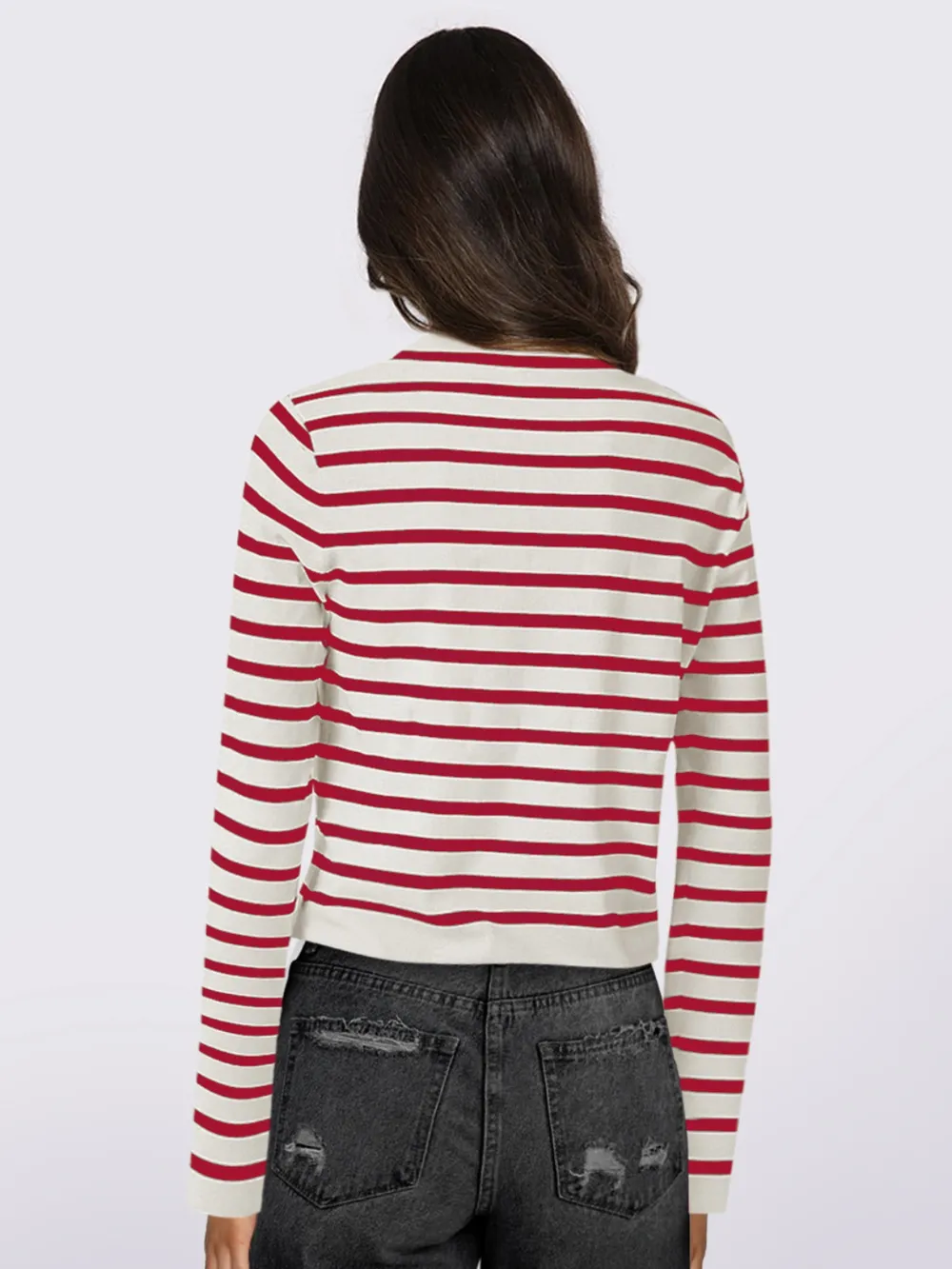 Striped Round Neck Button Up Long Sleeve Cardigan, image 11