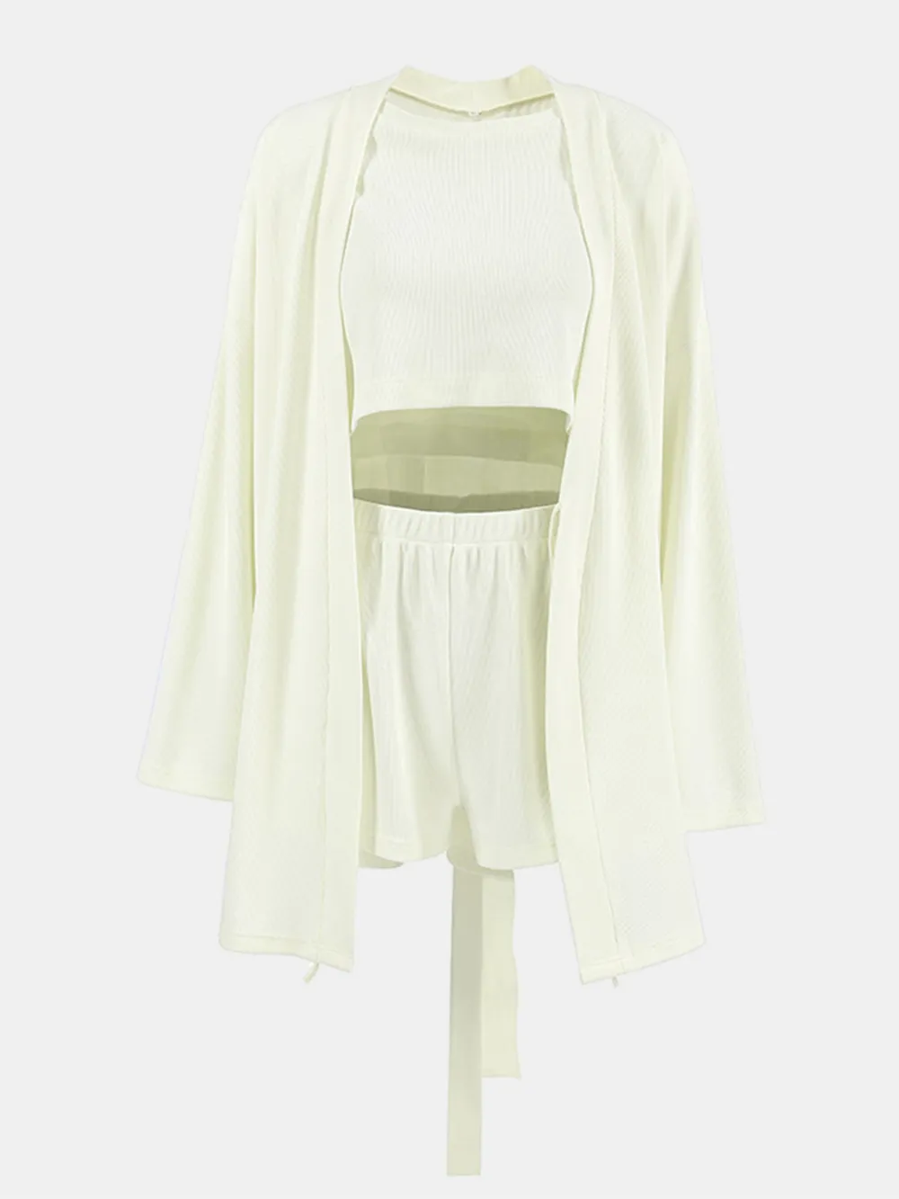 Waffle-Knit Round Neck T-Shirt, Open Front Cardigan and Shorts Set, image 10