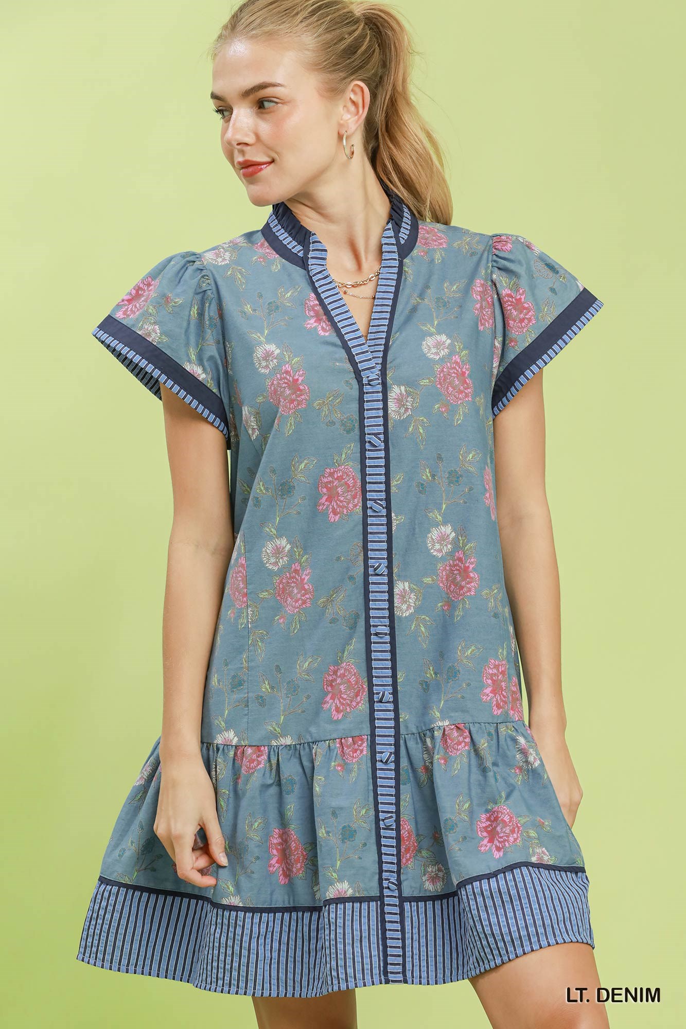 Floral Contrast Trim Ruffle Hem Mini Dress