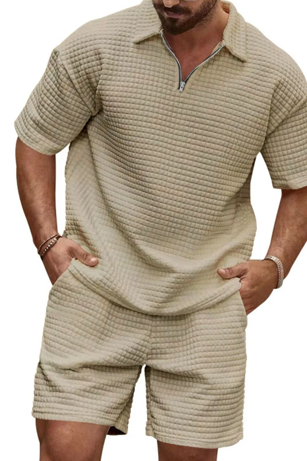 Men's Full Size Zip Collar Short Sleeve Top and Shorts Set Plus Size, image 2
