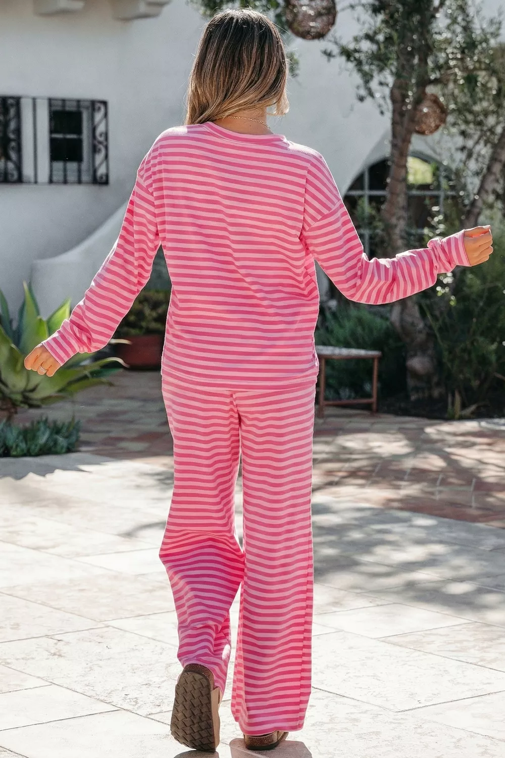 Stripe Drop Shoulder Round Neck Top and Buttoned Straight Pants Two Piece Set, image 4