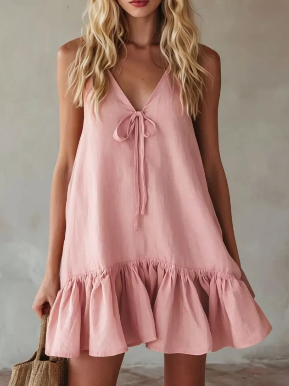 V-Neck Tie Front Ruffle Hem Mini Dress, image 12