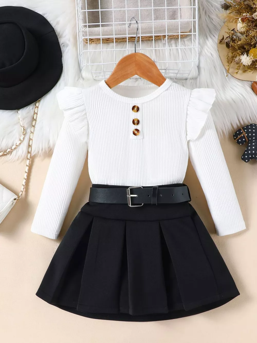 Children's Ruffle Sleeve Top & Pleated Skirt Set with Hat and Belt, image 2