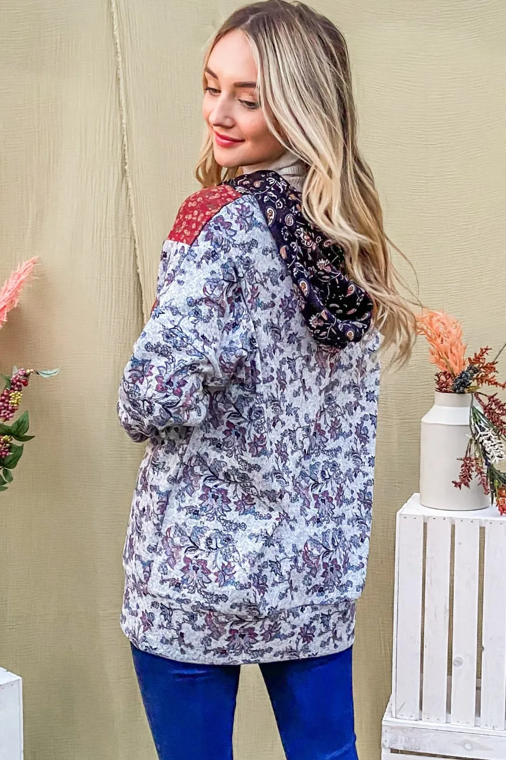 Printed Half Zip Up Long Sleeve Hoodie, image 2
