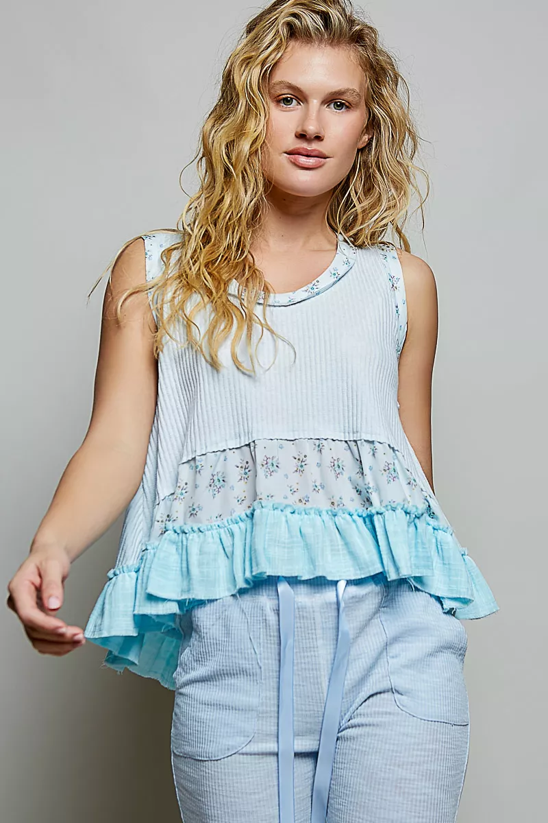 Floral Print Patche Round Neck Ribbed Tank with Double Gauze Ruffle Accents