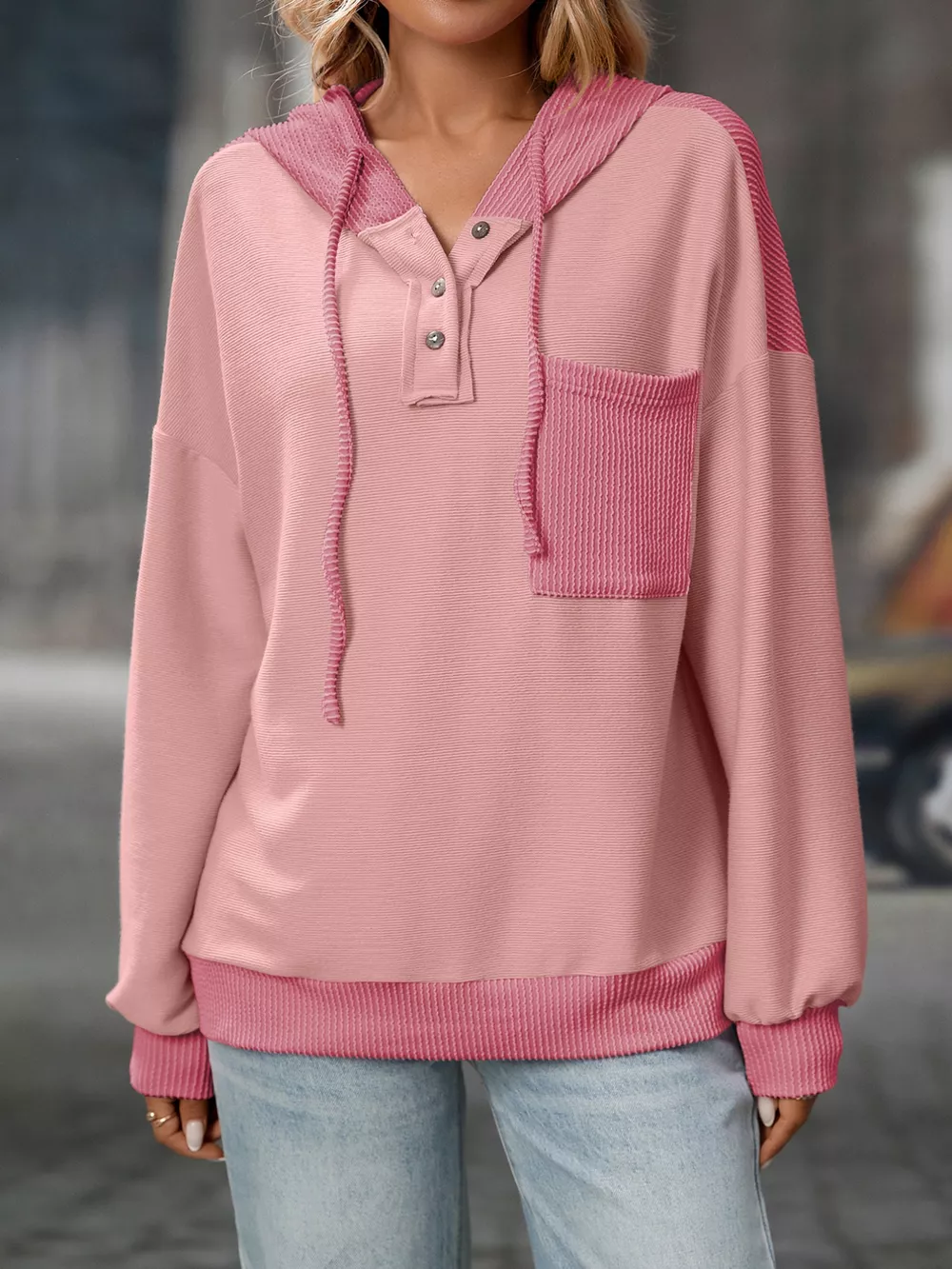 Casual Color Block Button Detail Hoodie, image 8
