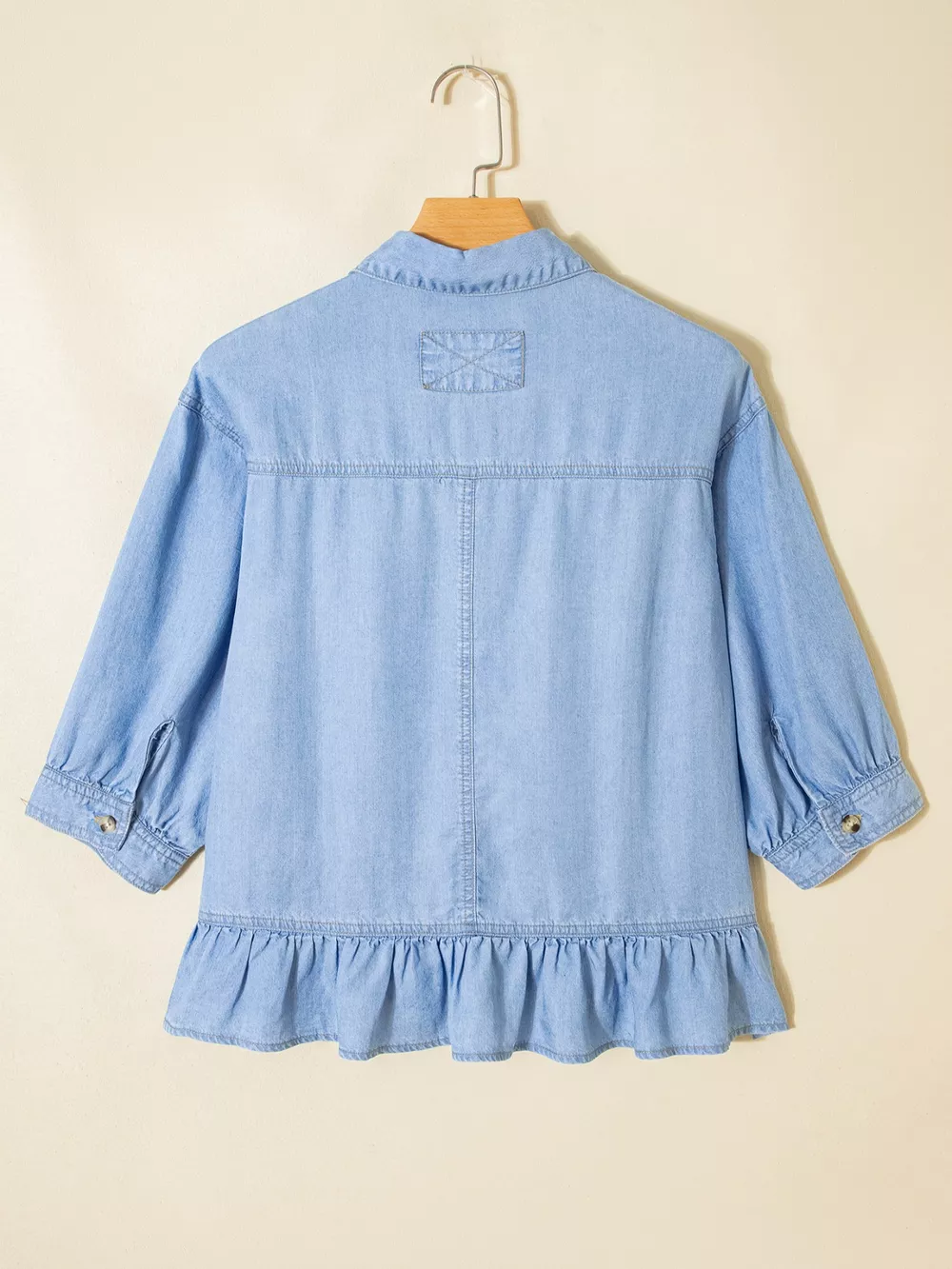 Half Sleeve Button Down Ruffled High Low Chambray Shirt, image 4