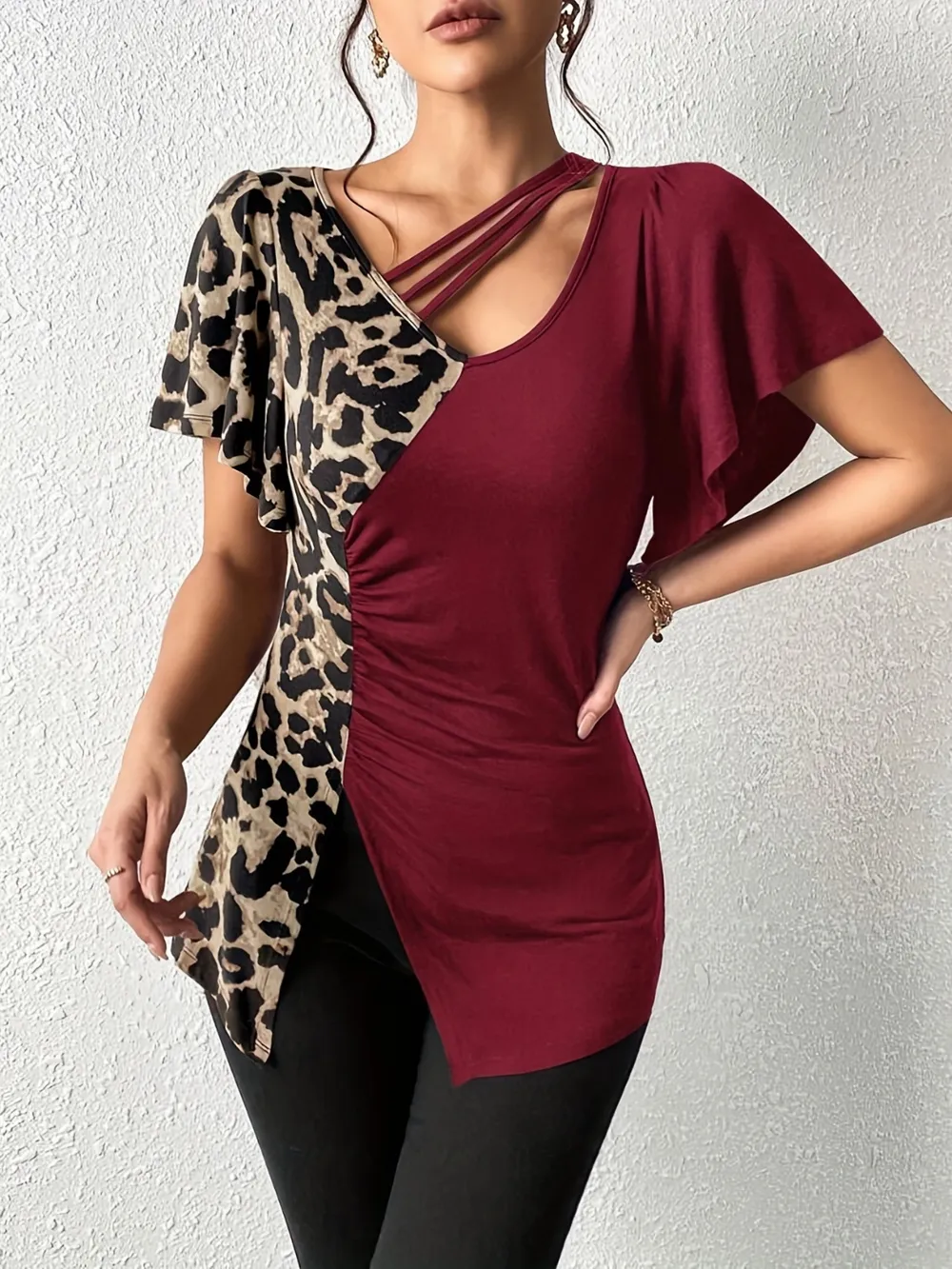 Ruched Leopard Flutter Sleeve T-Shirt, image 11
