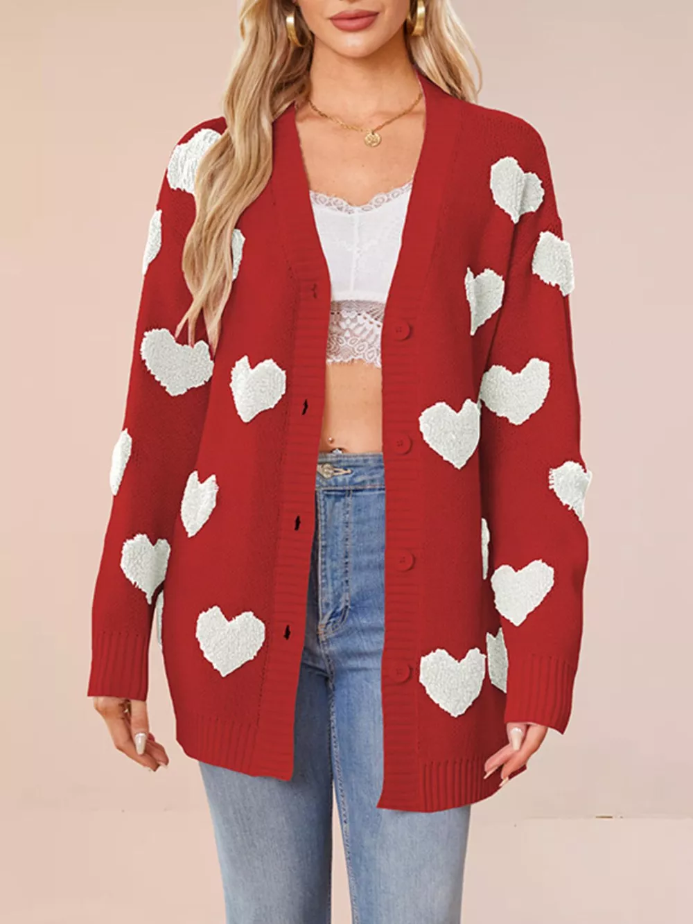 Heart Pattern V-Neck Button-Down Knit Cardigan, image 2