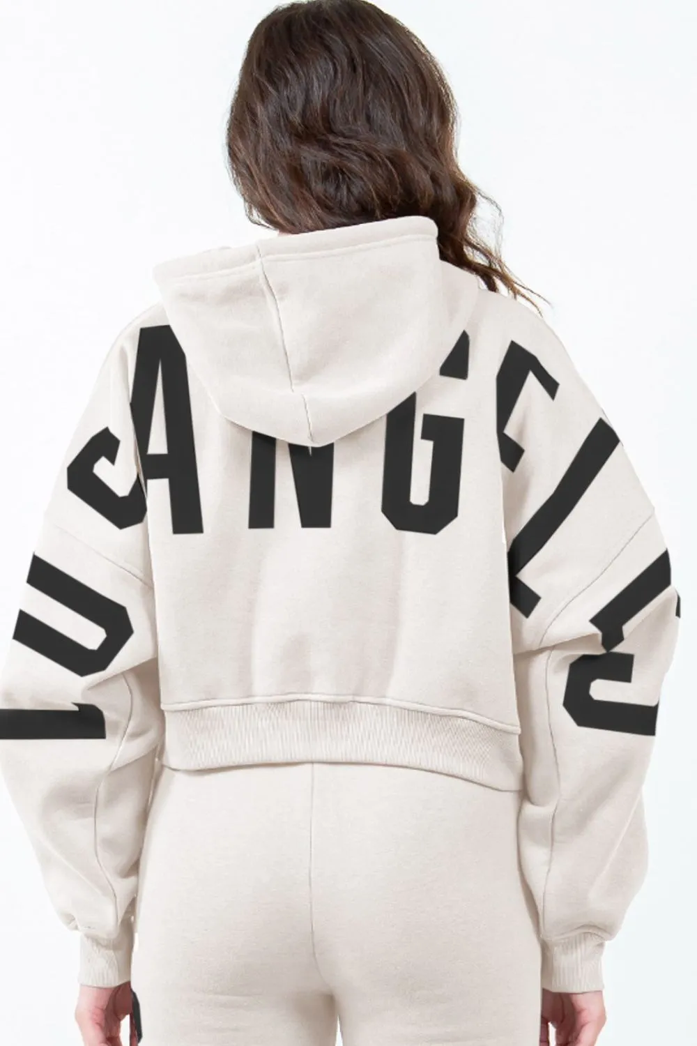 Letter Graphic Long Sleeve Drawstring Cropped Hoodie