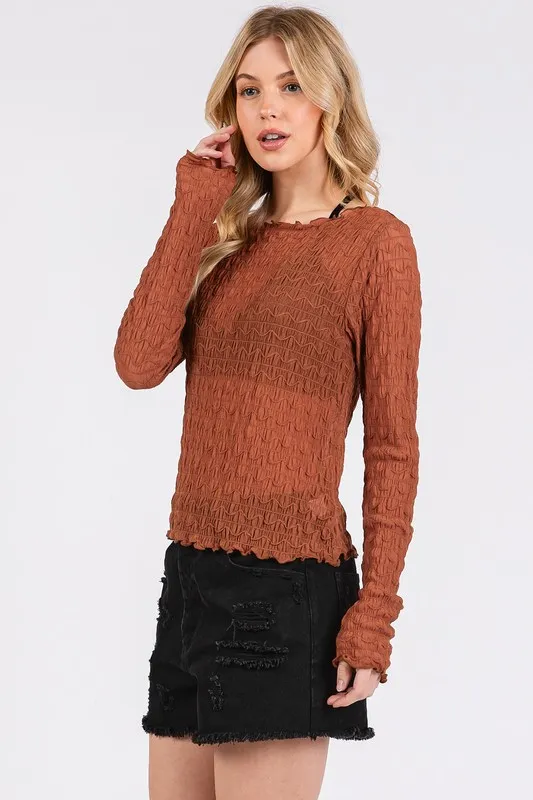 Lettuce Hem Boat Neck Long Sleeve Blouse, image 2