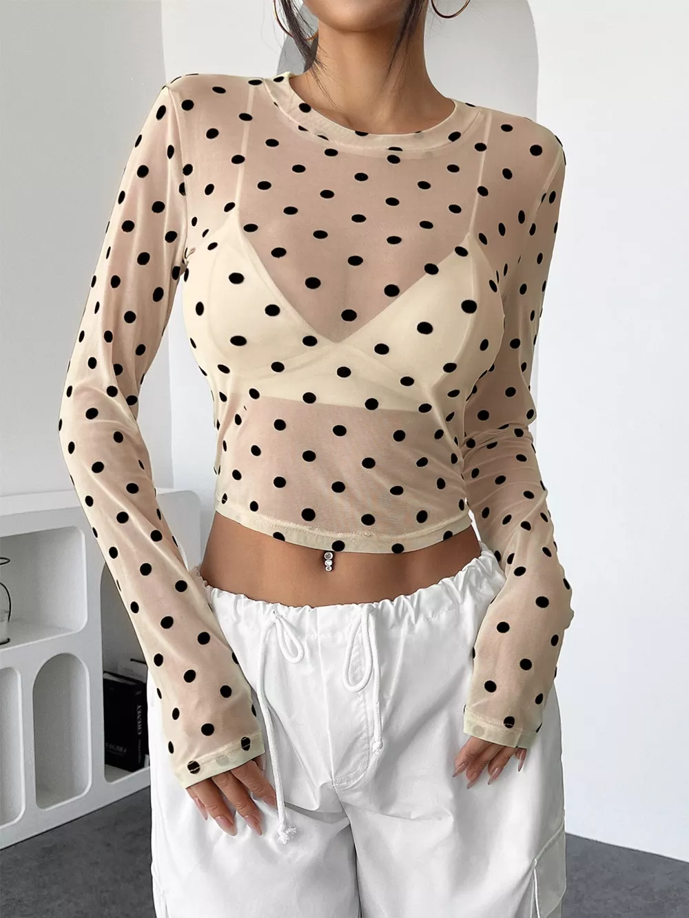 Polka Dot Mesh Long Sleeve Top, image 2